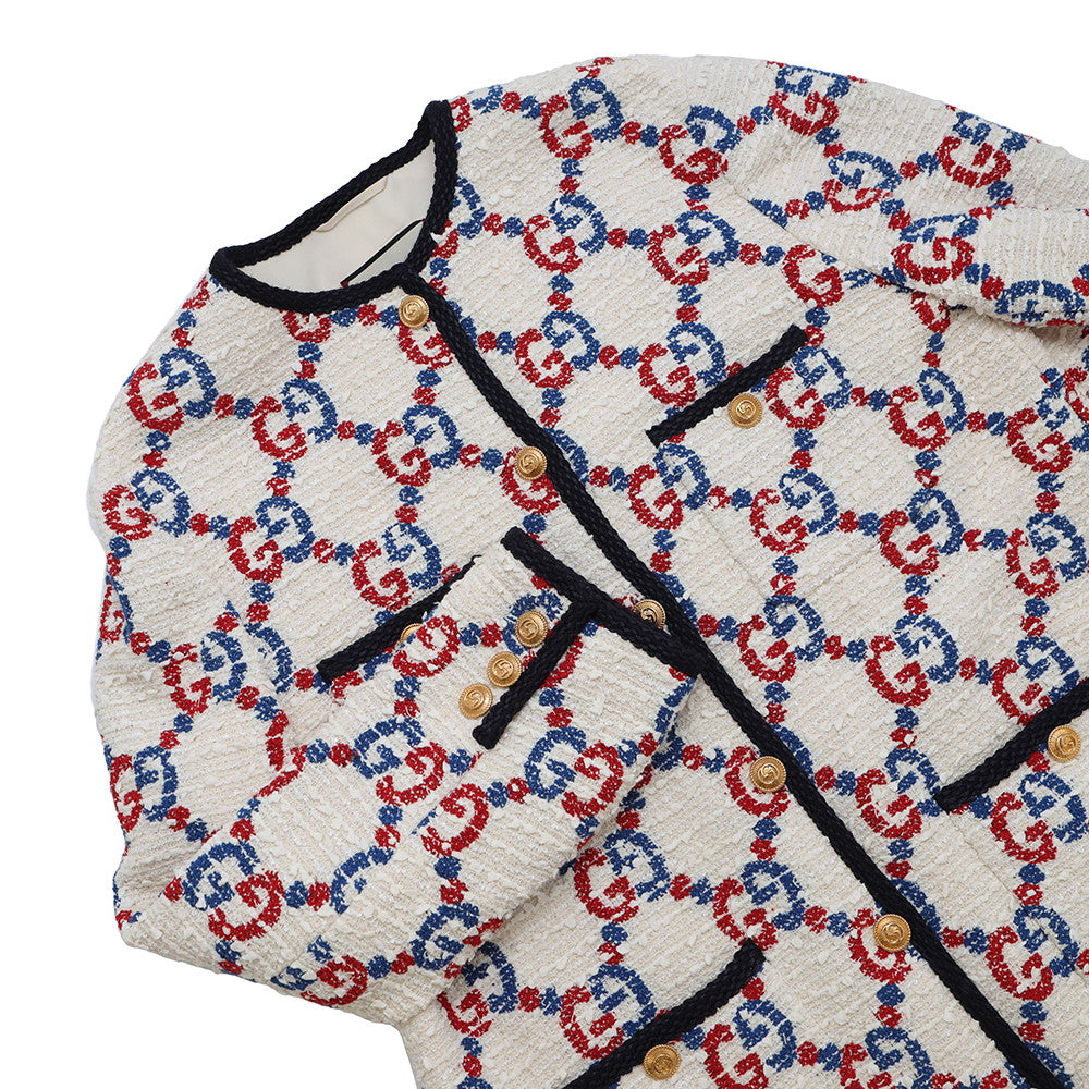 GUCCI ?GG No-Collar Jacket Size 42 Ivory/Multicolor569926 Tweed