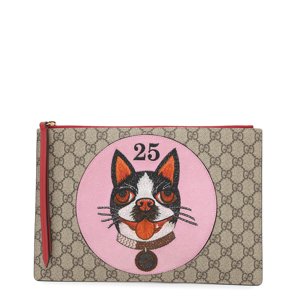GUCCI ?BOSCO Clutch Bag Beige/Pink/Red506280 GG Supreme Suede Leather