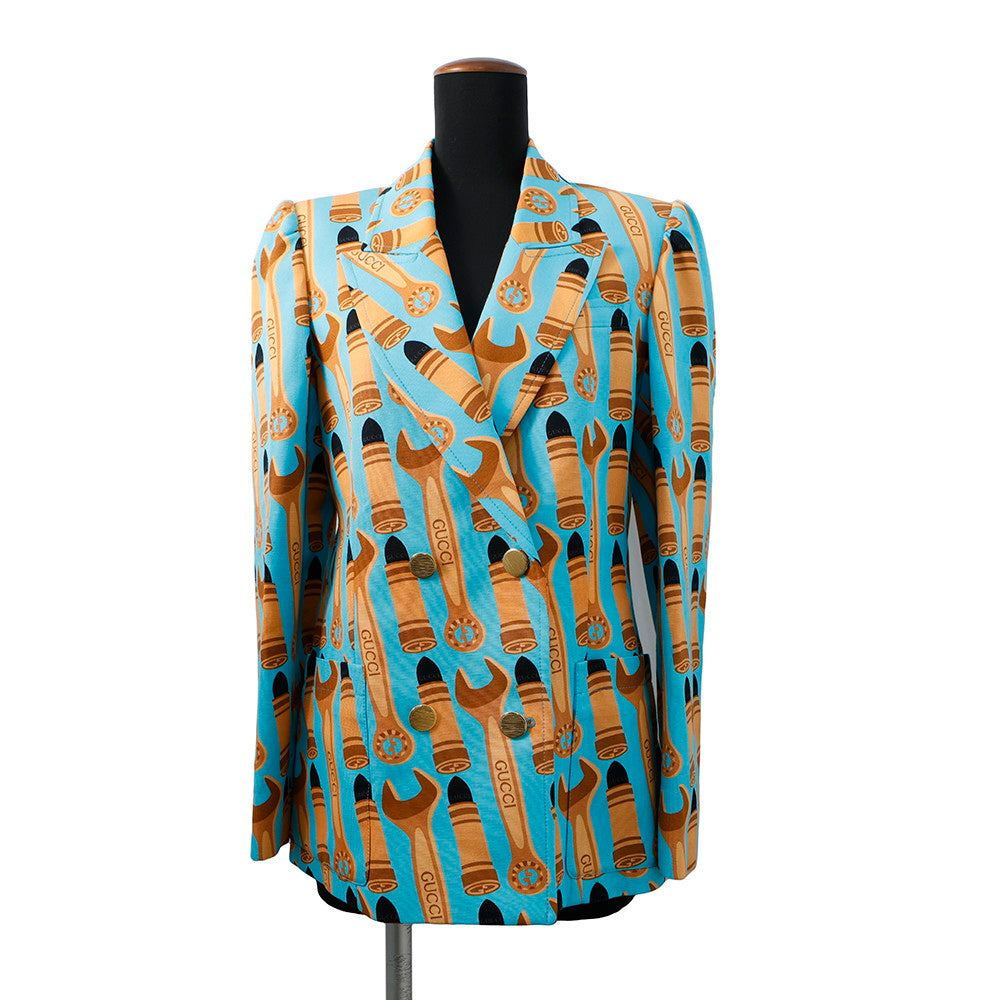GUCCI ?Lipstick & Tool Print Jacket Size 38 Light Blue/Brown740422 Rayon98% Silk2%