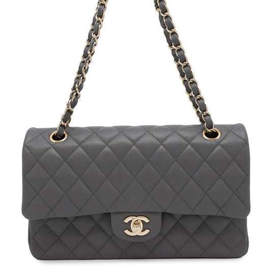 CHANEL Matelasse Double Flap Chain Shoulder Bag GrayA01112 Caviar Leather Size 25