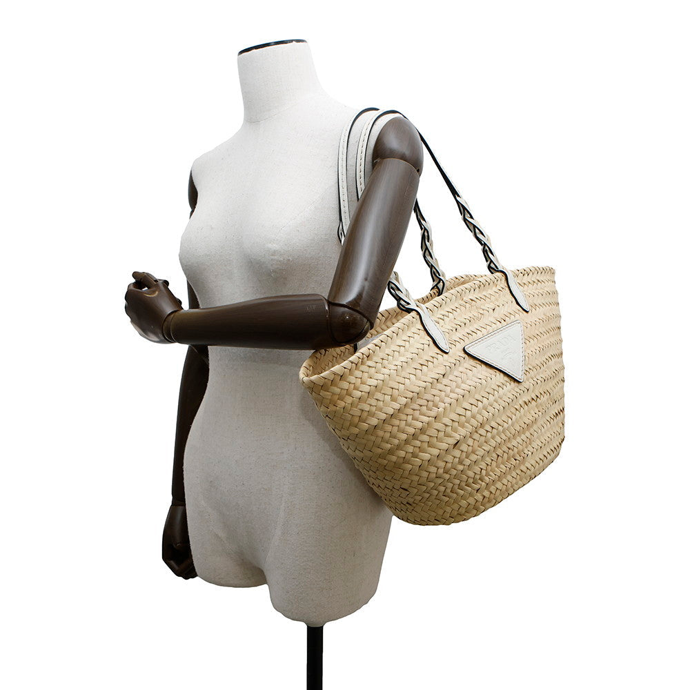 PRADA ?Woven Palm Basket Bag Natural/White1BG314 Straw Leather
