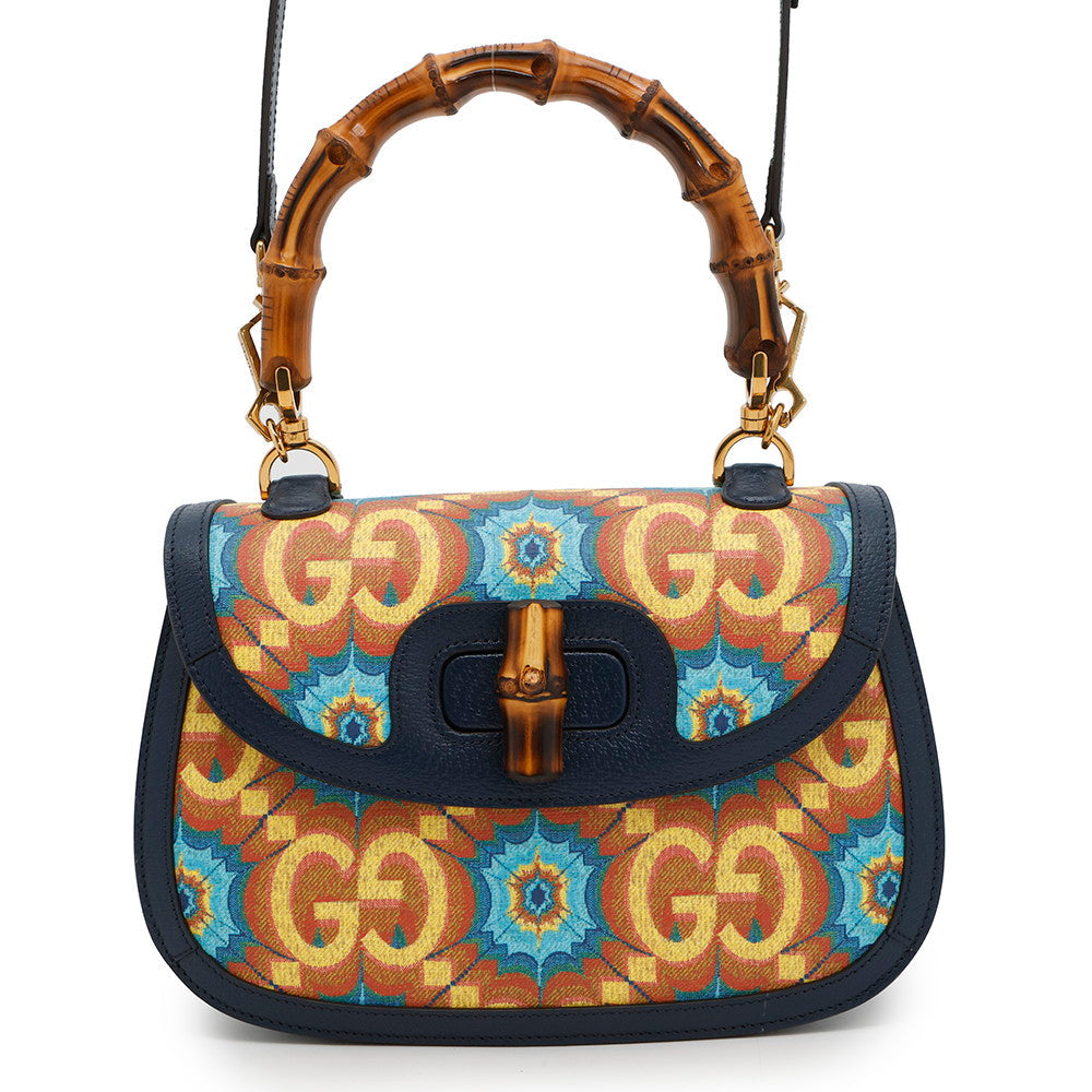GUCCI ?Bamboo 1947 GUCCI100 2-Way Handbag 100th Anniversary Model Blue/Orange678489 Bamboo Leather Size Medium