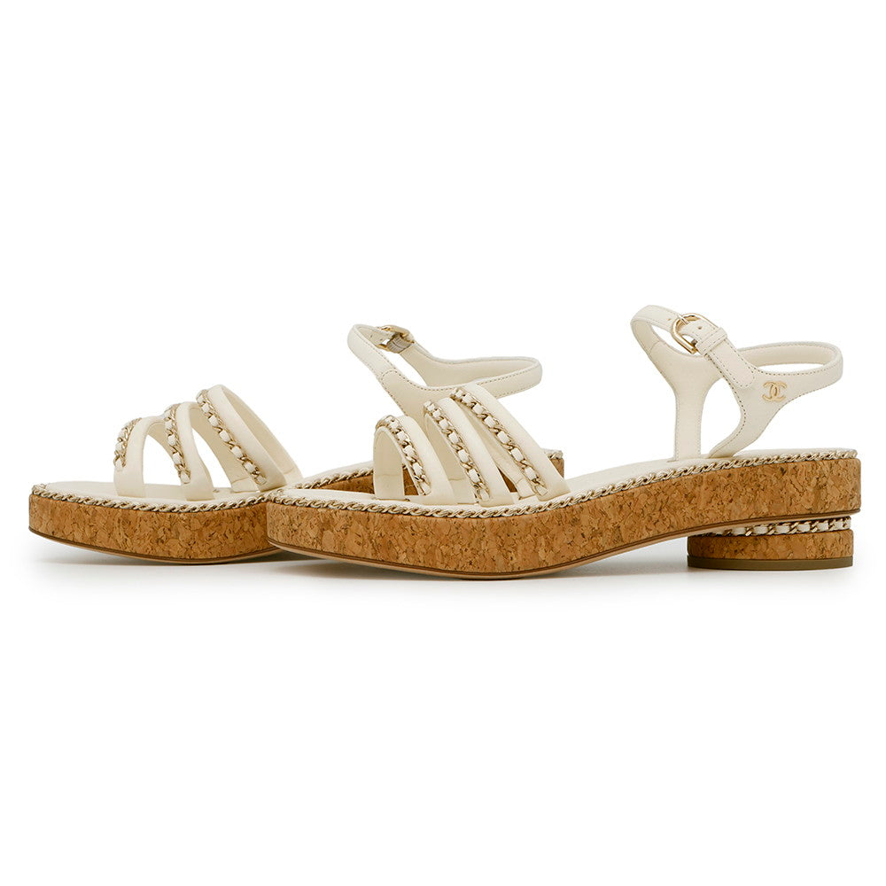 CHANEL CC Logo ChainStrap Sandals WhiteG35779 Leather cork Size 38C