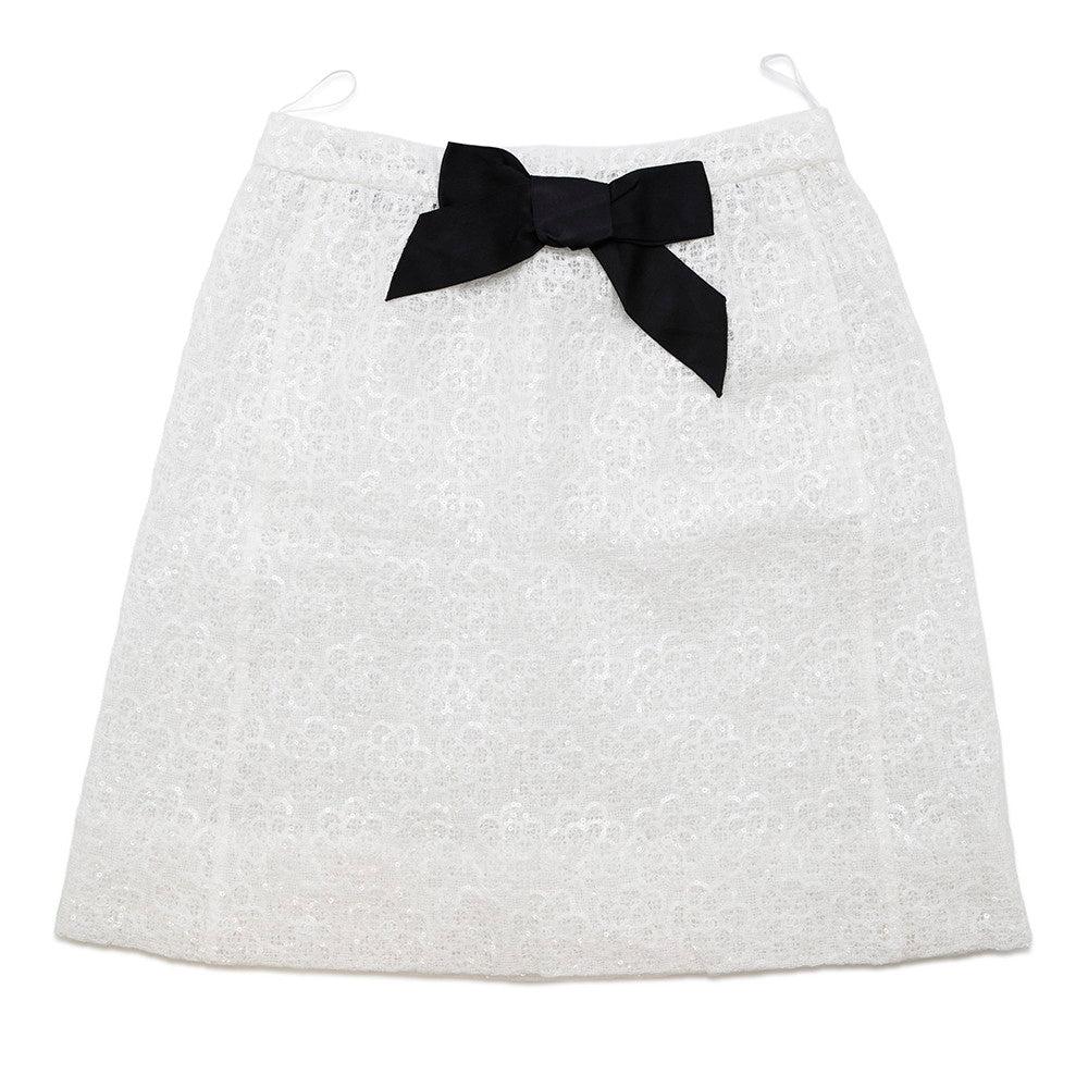 CHANEL Camellia Ribbon Lace Skirt Size 36 White/BlackP77294 Cotton100% Sequins