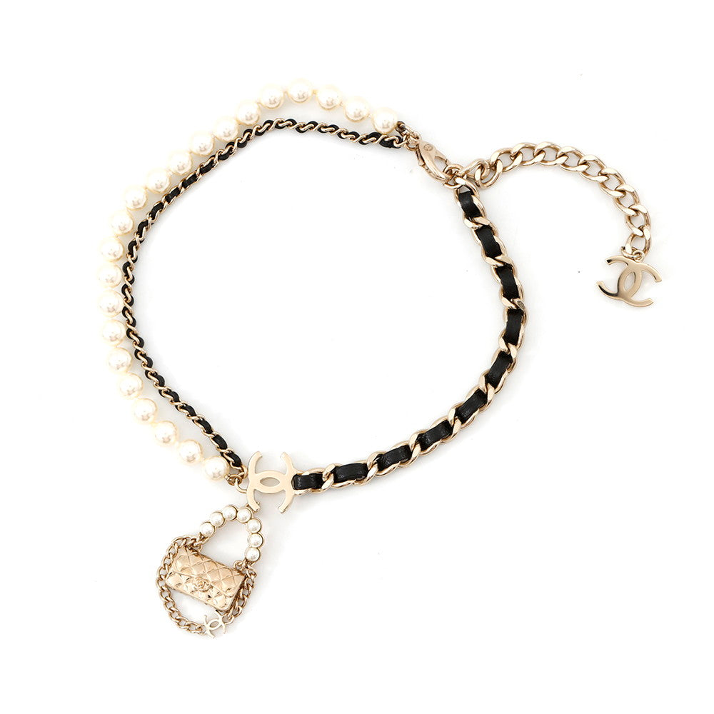 CHANEL Matelasse bag motif necklaceAB6125 Metal Leather Faux Pearl