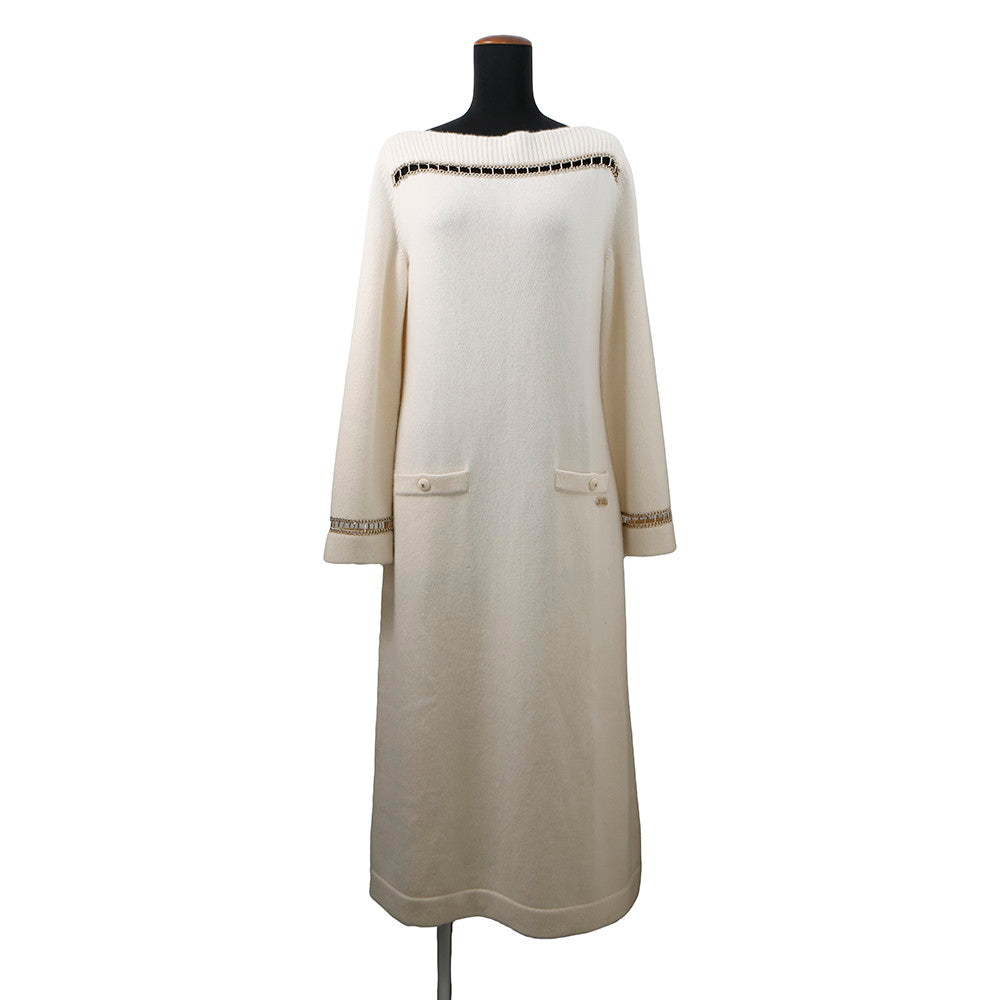 CHANEL CC Logo Chain Boat Neck Knit Dress Size 36 IvoryP62956 Cashmere100%