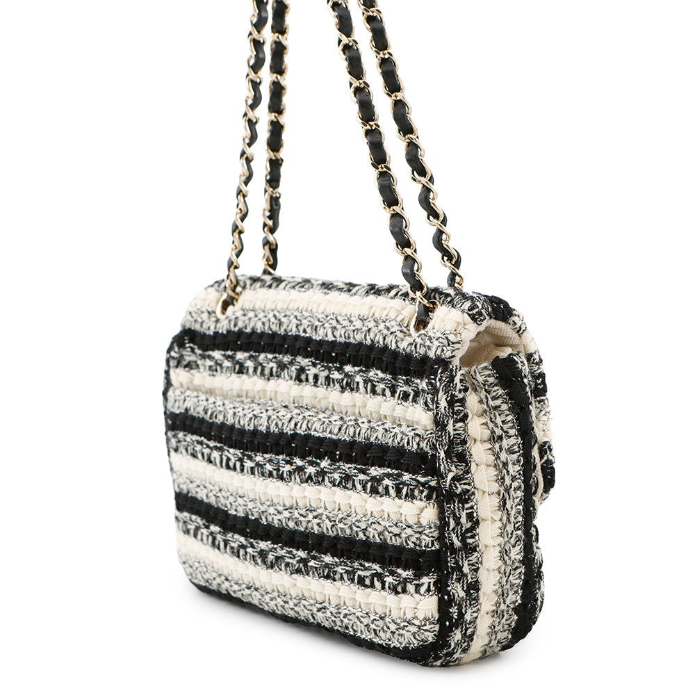 CHANEL Matelasse WChainShoulder Bag White/Black Tweed Leather Size 25