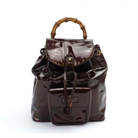 Gucci bamboo burgundy patent leather backpacks