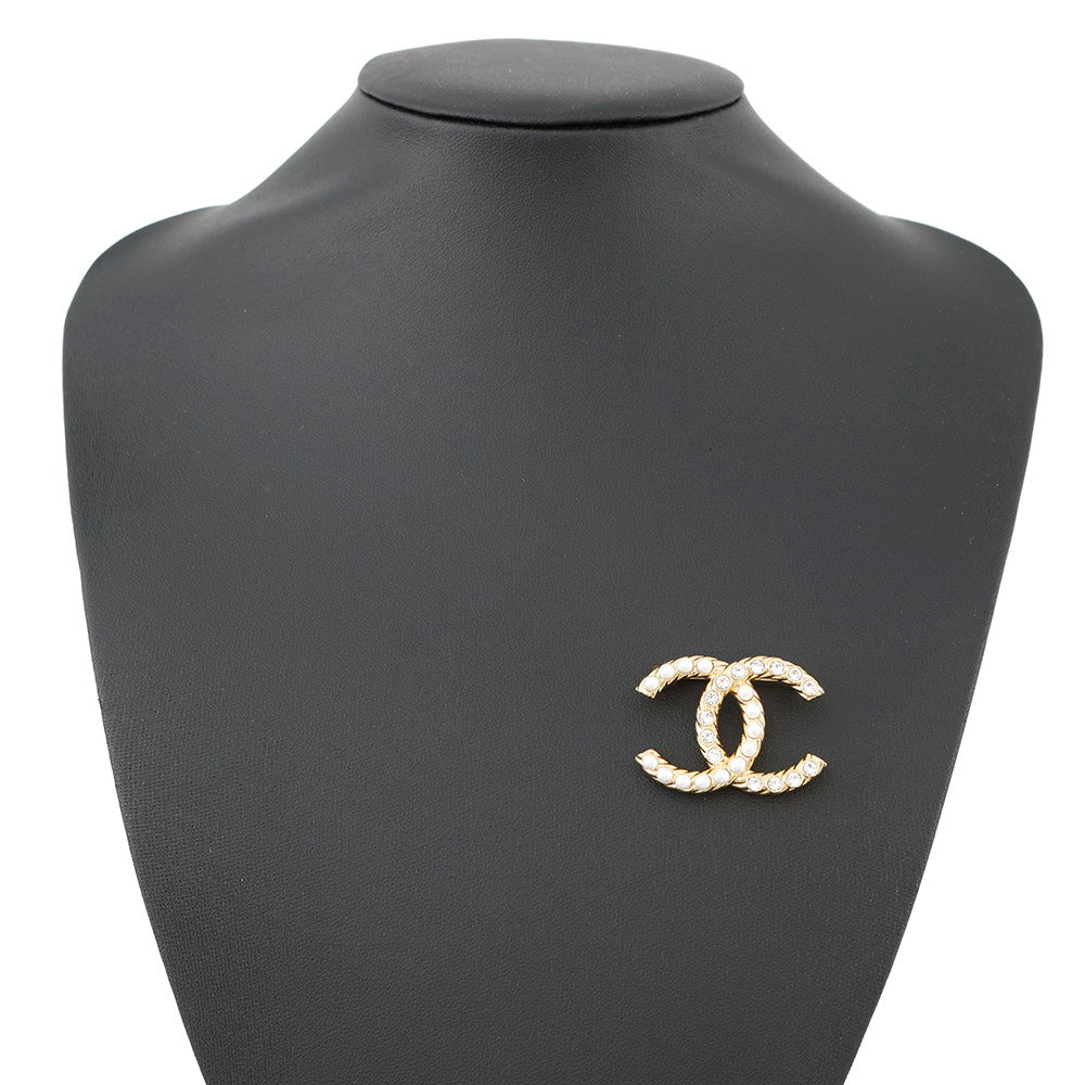 CHANEL CC Logo Pearl Brooch GoldABB082 Gold Plated Rhinestone