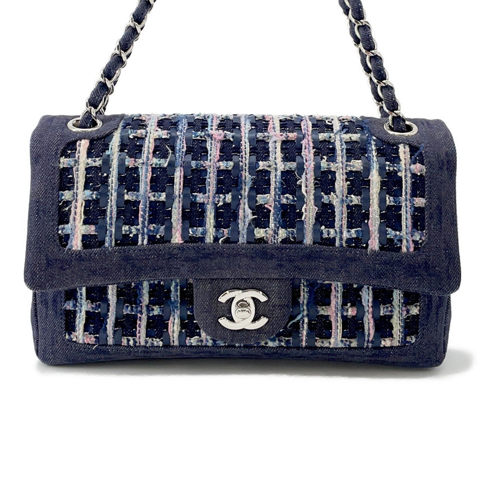 CHANEL Matelasse W flap ChainShoulder NavyA01112 Tweed Denim Leather