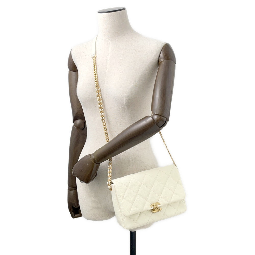 CHANEL Matelasse ChainShoulder Bag White Caviar Leather