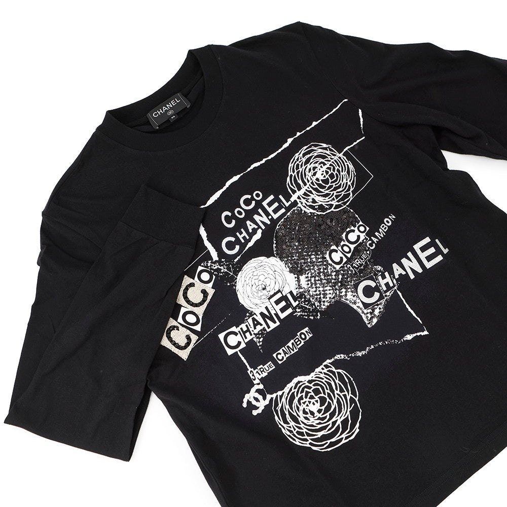 CHANEL Camellia logo long sleeve top Size XS BlackP63300 Cotton100% Sequins