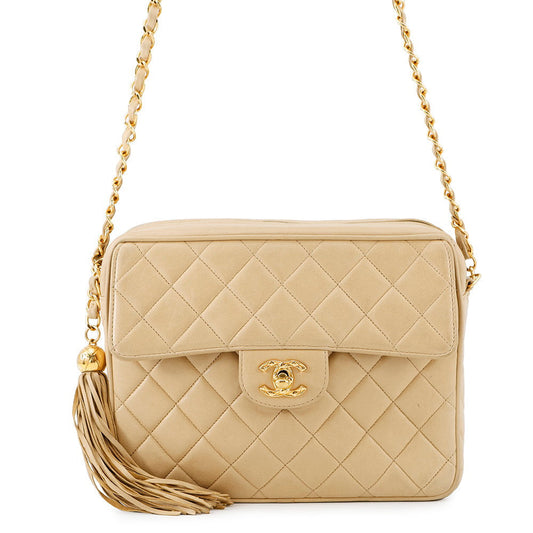 CHANEL Matelasse Tassel Chain Shoulder Beige Lambskin