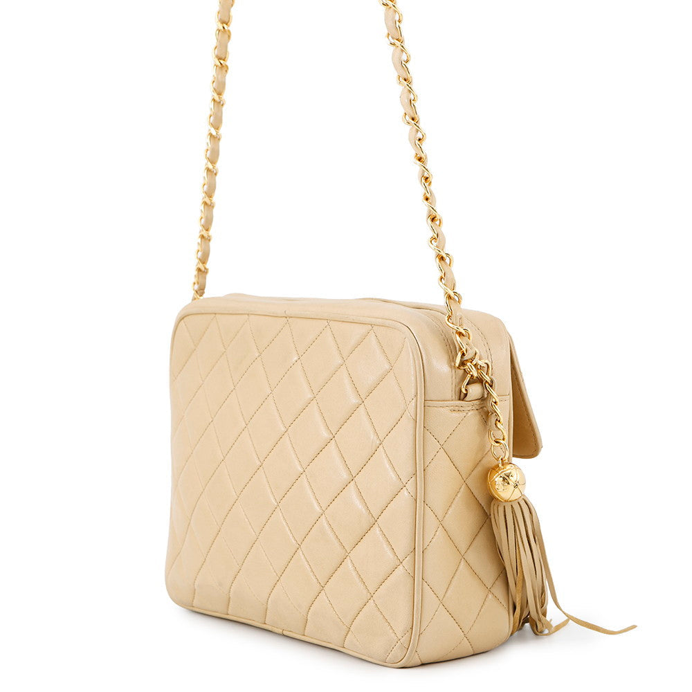 CHANEL Matelasse Tassel Chain Shoulder Beige Lambskin