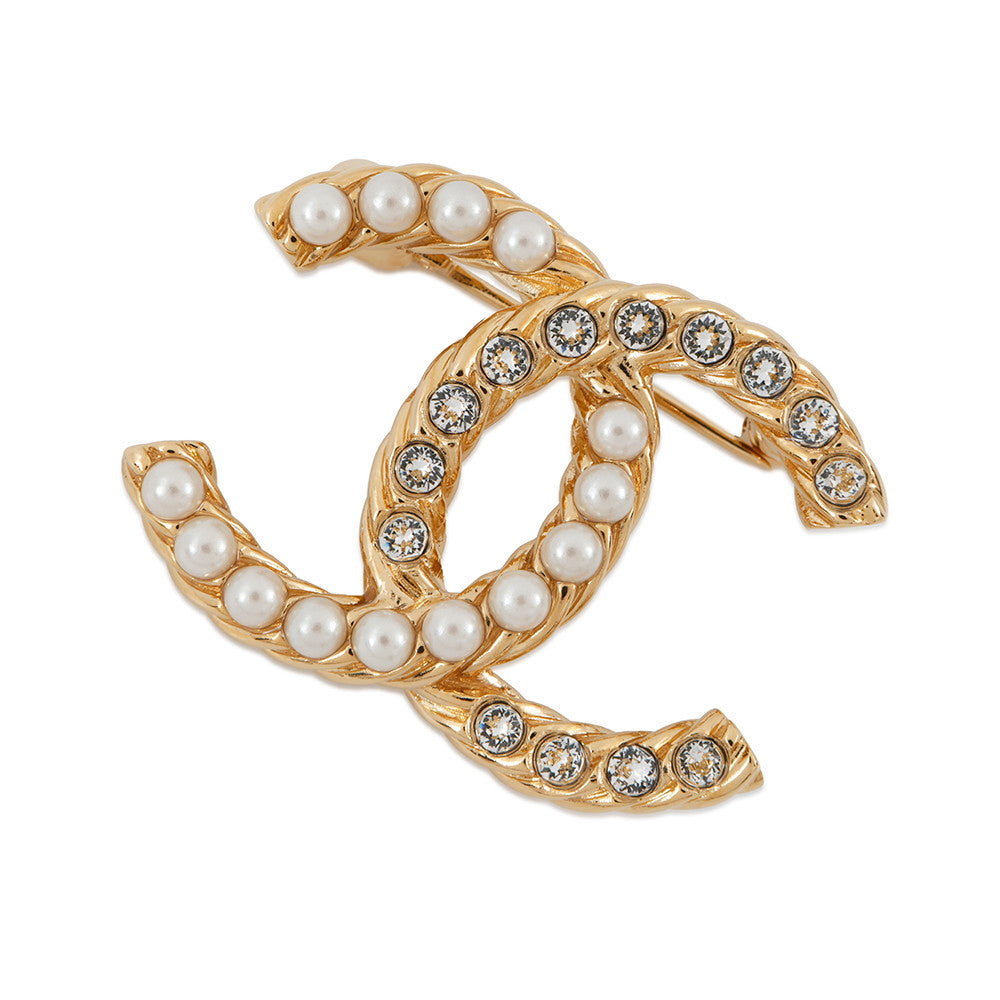 CHANEL CC Logo Brooch Gold Metal Rhinestone Faux Pearl