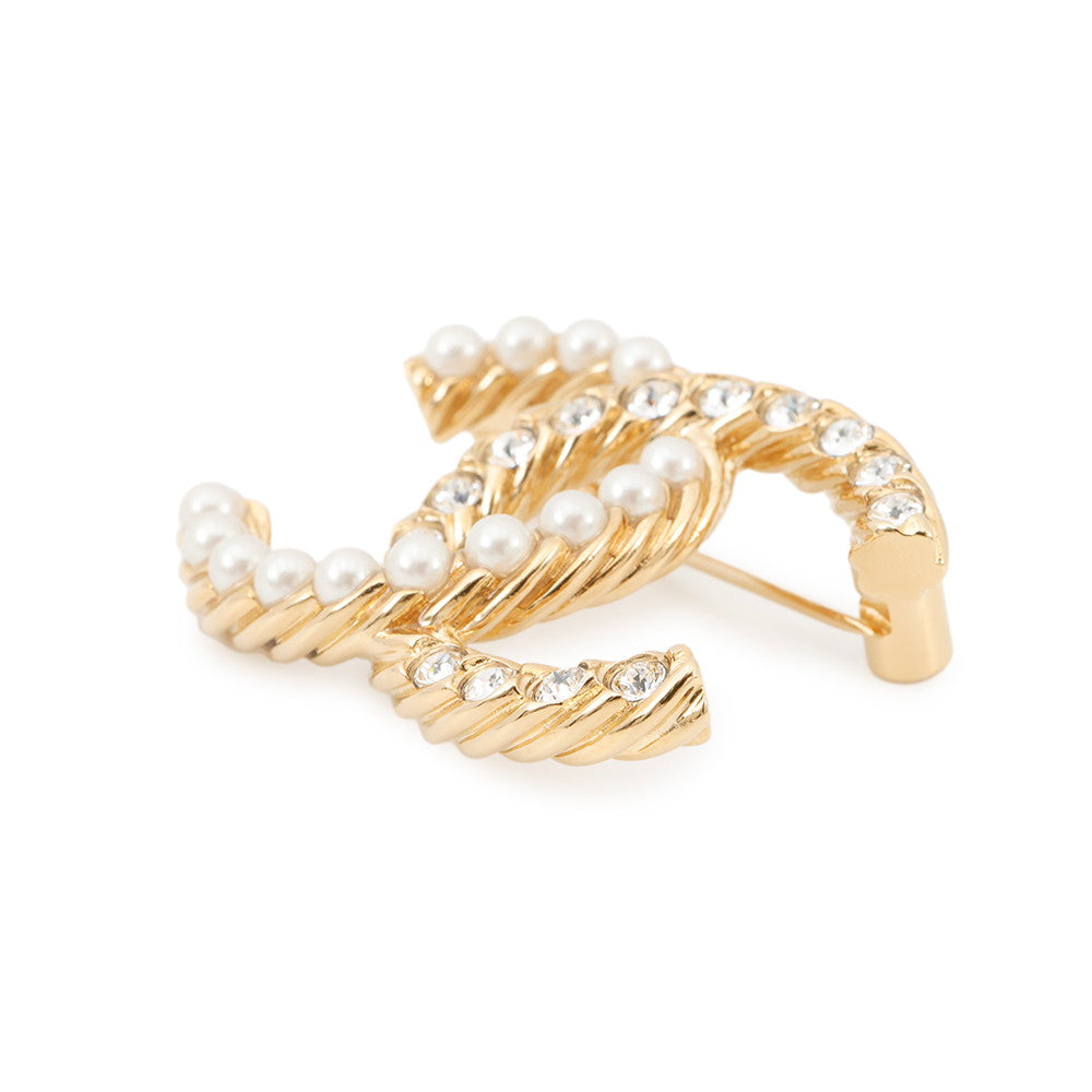 CHANEL CC Logo Brooch Gold Metal Rhinestone Faux Pearl