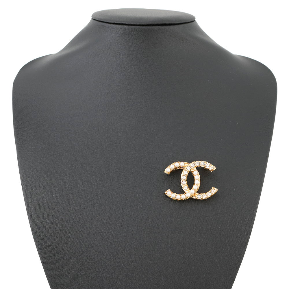CHANEL CC Logo Brooch Gold Metal Rhinestone Faux Pearl