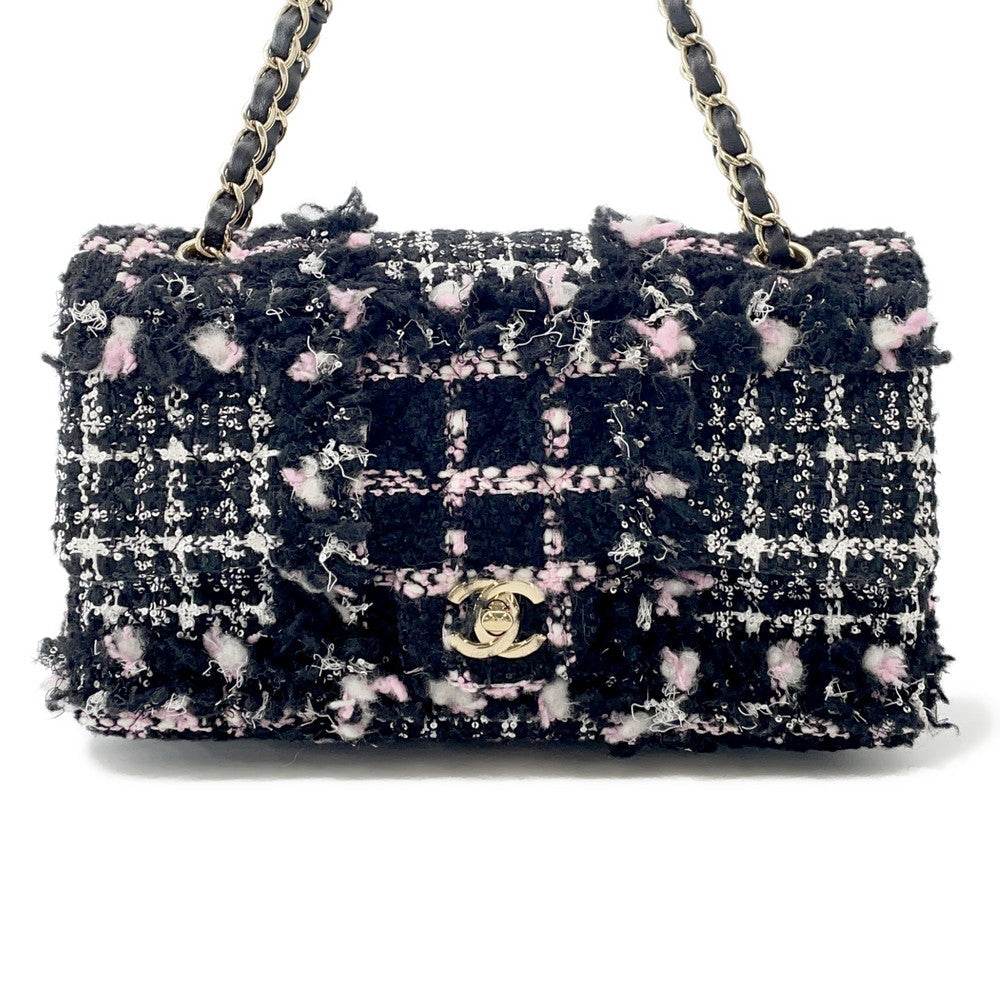 CHANEL Matelasse ChainShoulder Bag Black/White/PinkA01112 Tweed Lambskin Sequins Size 25