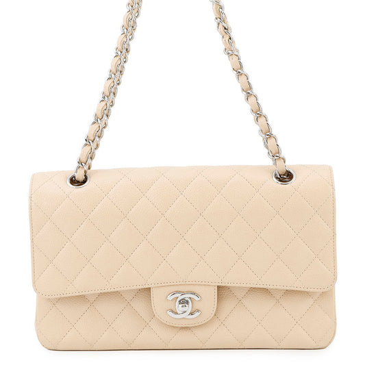 CHANEL Matelasse W Flap ChainShoulder Bag BeigeA01112 Caviar Leather Size 25