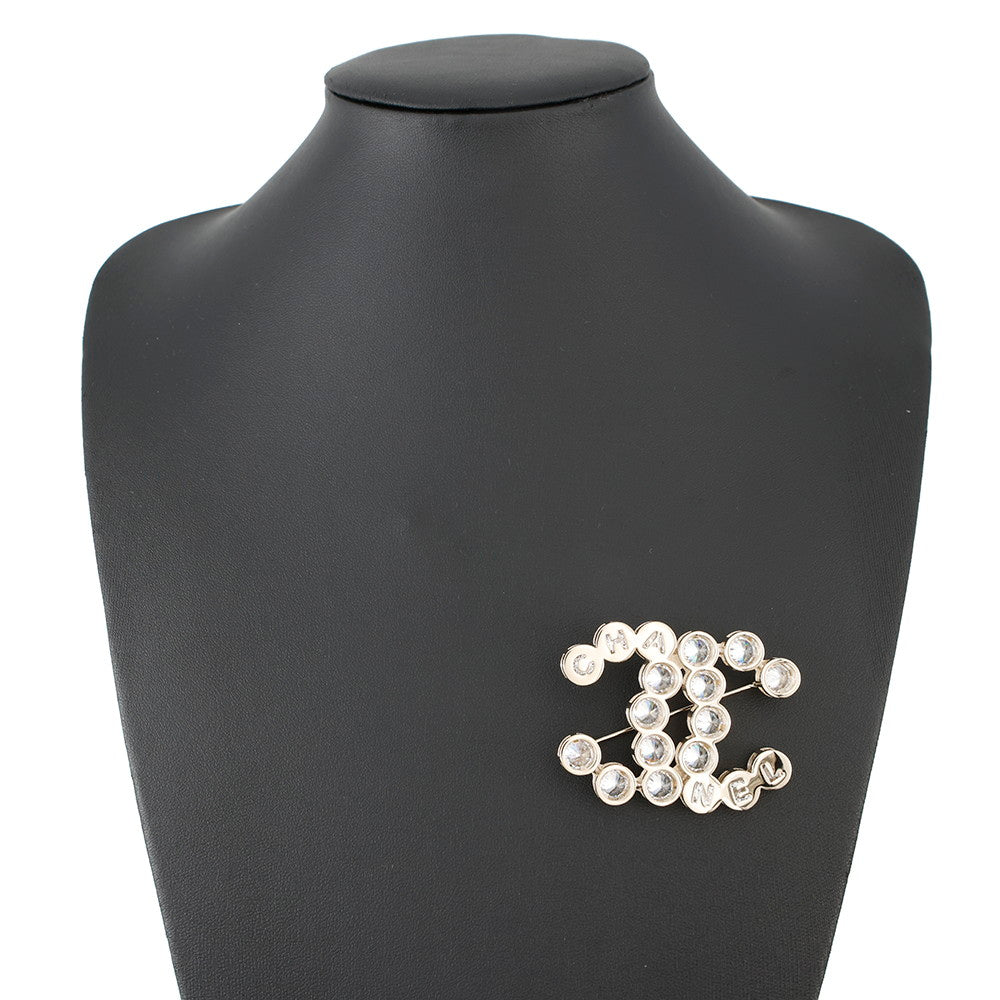CHANEL CC Logo Brooch Rhinestone Gold Plated