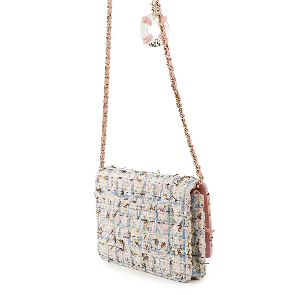 CHANEL Matelasse Tweed Chain Wallet White/Pink/BlueA33814 Tweed