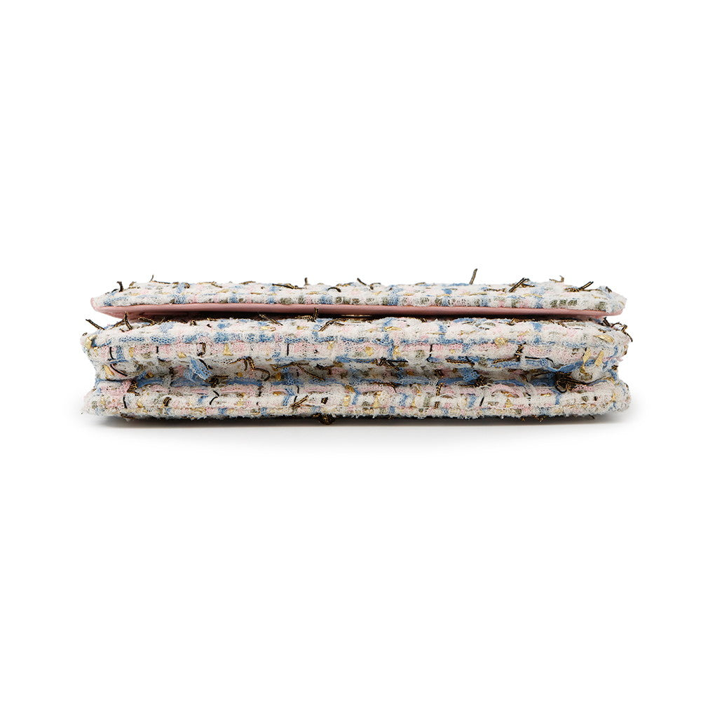 CHANEL Matelasse Tweed Chain Wallet White/Pink/BlueA33814 Tweed