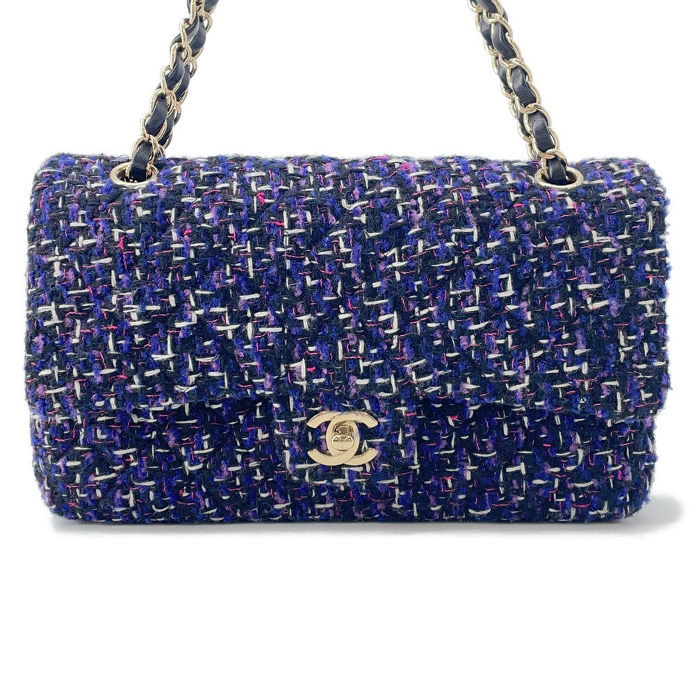 CHANEL Matelasse Double Flap ChainShoulder Purple/BlackA01112 Tweed Size 25