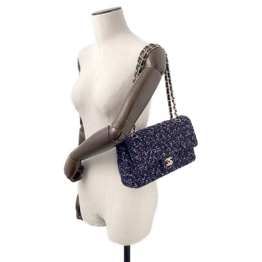 CHANEL Matelasse Double Flap ChainShoulder Purple/BlackA01112 Tweed Size 25