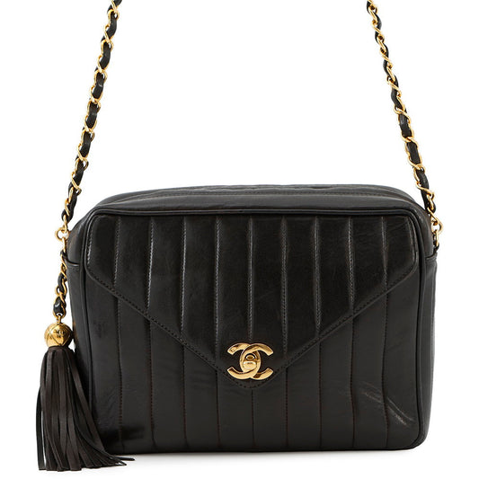 CHANEL Mademoiselle Chain Shoulder Bag with Tassel Bag Charm Black Lambskin