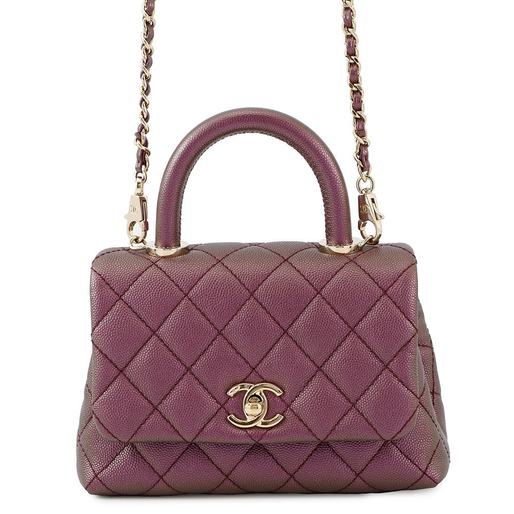 CHANEL Coco Handle Matelasse Handbag MetalicPurpleAS2215 Caviar Leather Size XXS