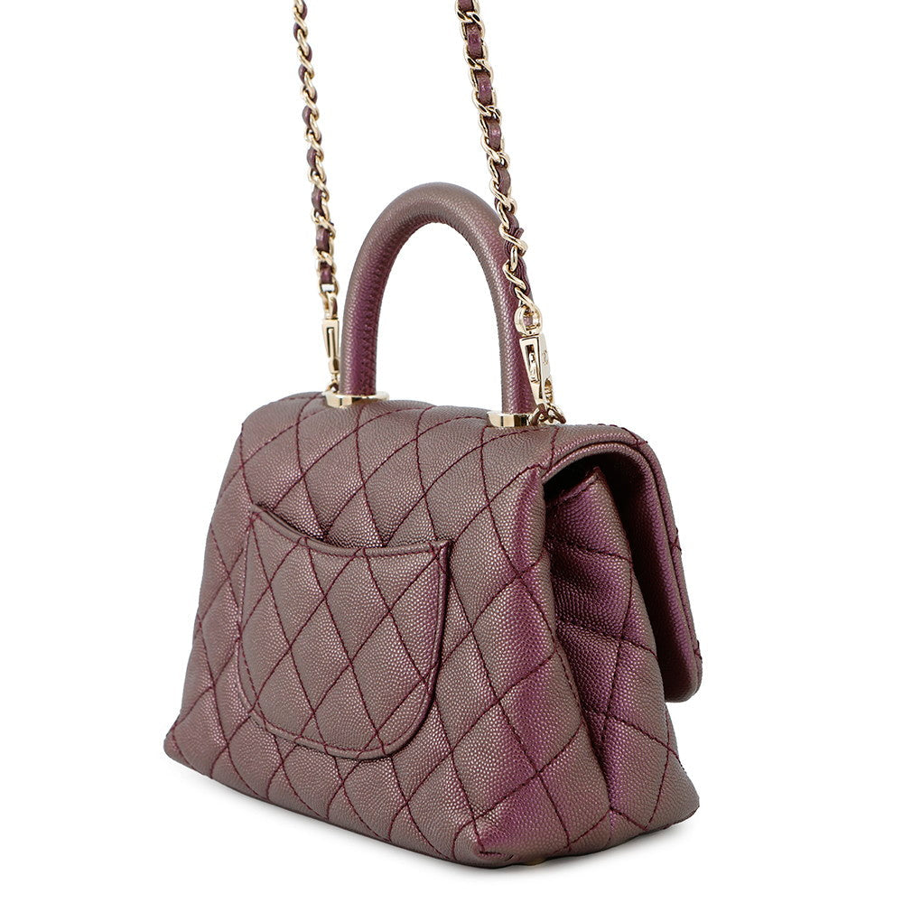 CHANEL Coco Handle Matelasse Handbag MetalicPurpleAS2215 Caviar Leather Size XXS