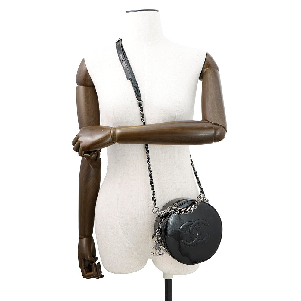 CHANEL Double Chain Round Shoulder Bag Black Patent Leather