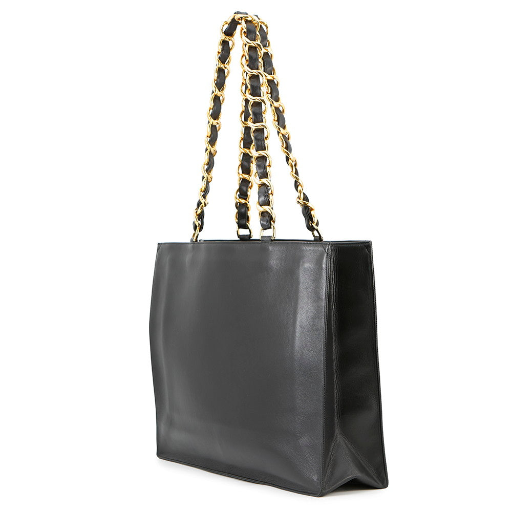 CHANEL CC Logo Chain Tote Black Lambskin