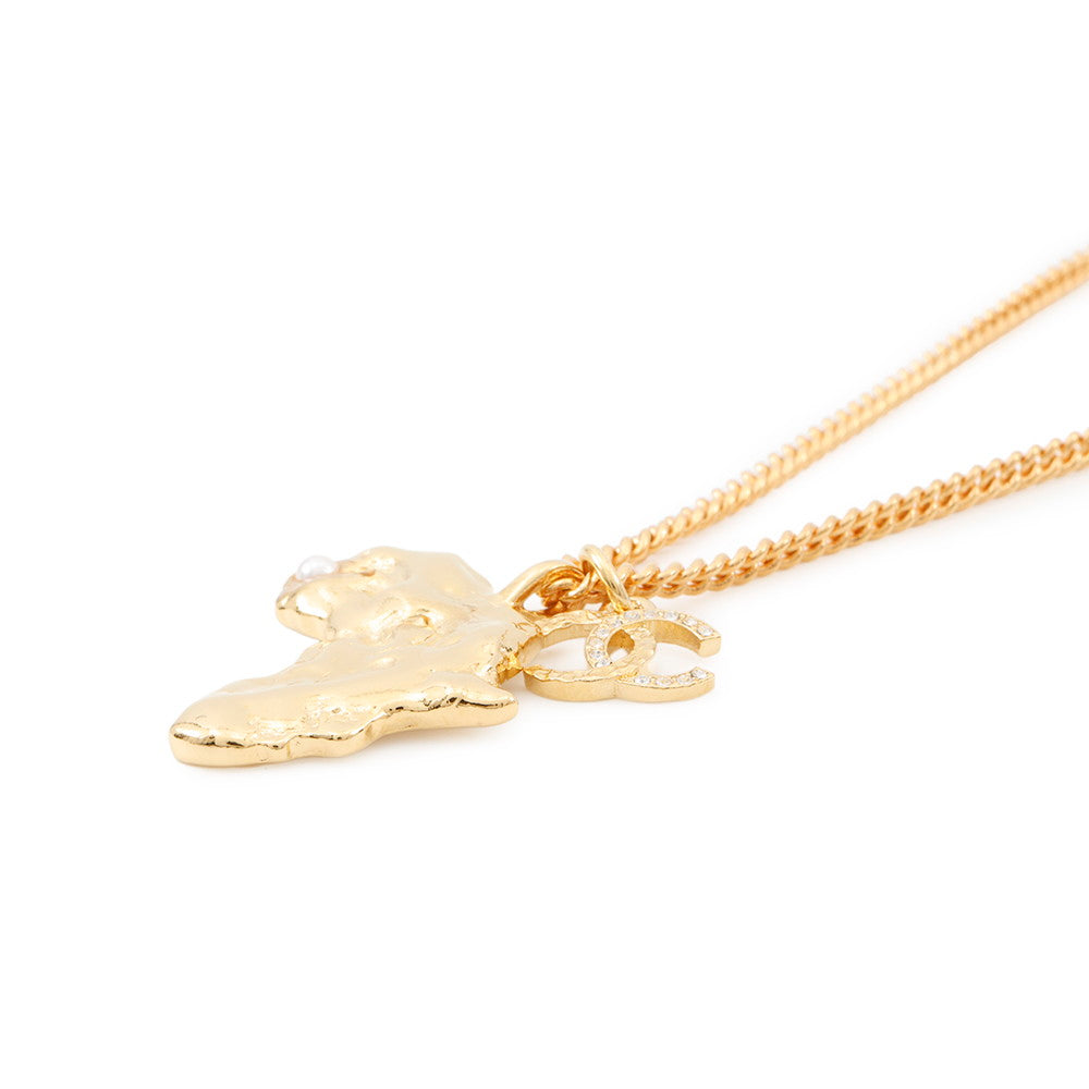 CHANEL CC Logo African Continent Motif Necklace Gold Metal Faux Pearl Rhinestone
