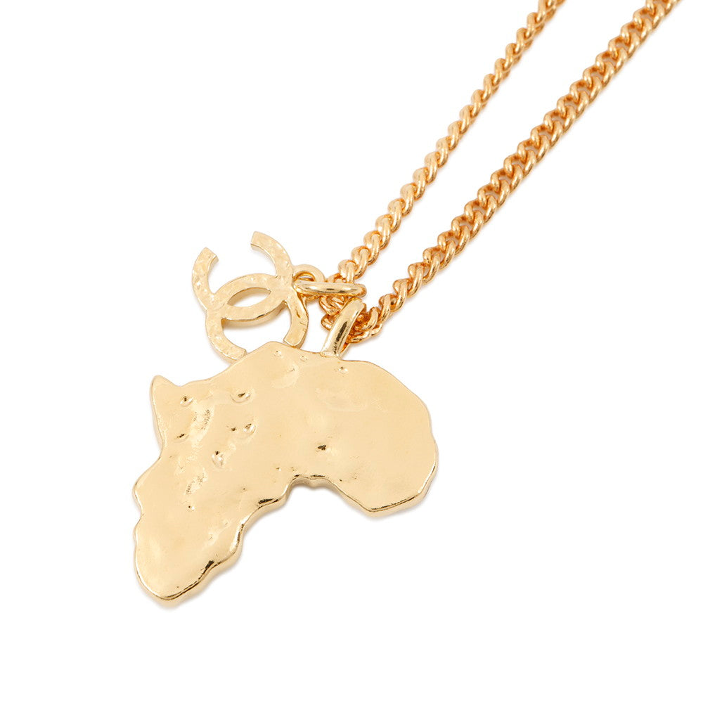 CHANEL CC Logo African Continent Motif Necklace Gold Metal Faux Pearl Rhinestone
