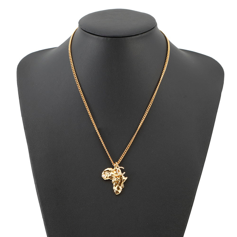 CHANEL CC Logo African Continent Motif Necklace Gold Metal Faux Pearl Rhinestone