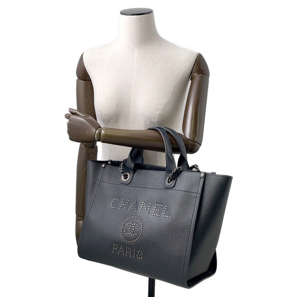 CHANEL Deauville Chain Tote Shopping Bag BlackA57069 Caviar Leather Size GM