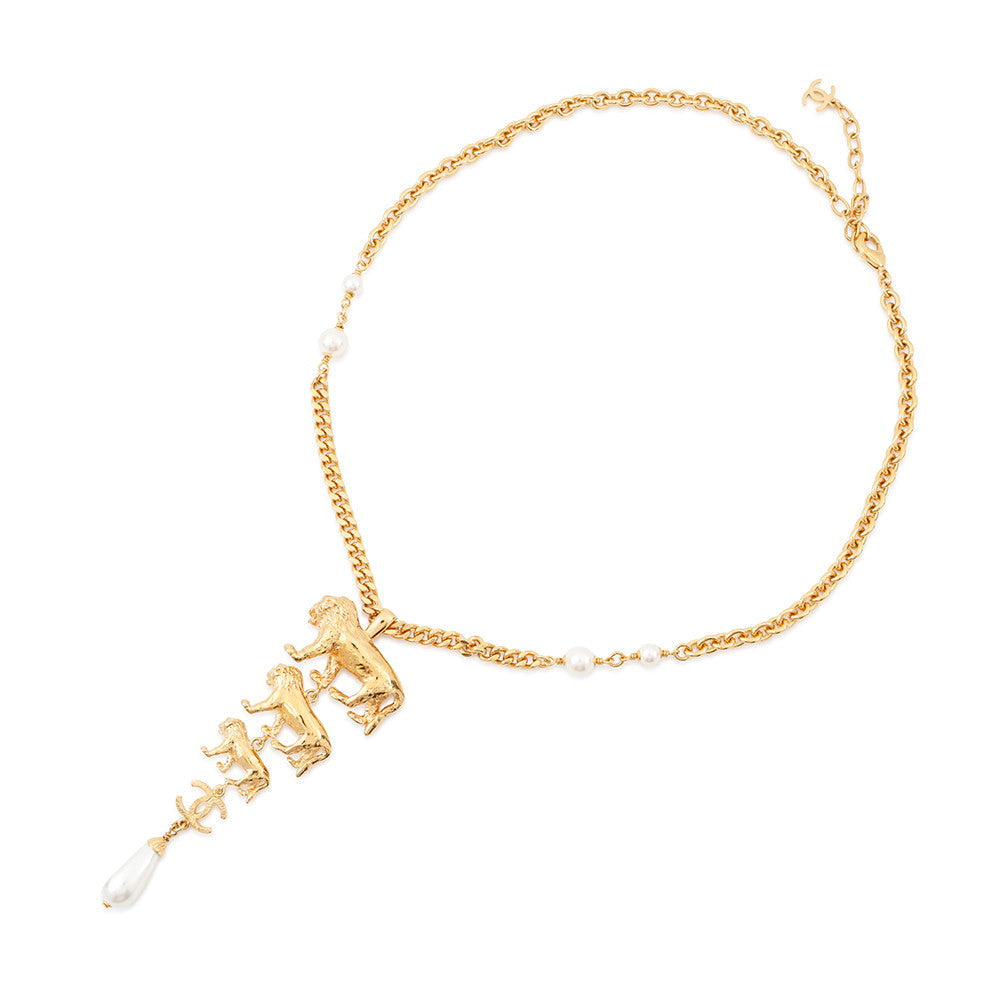 CHANEL Lion Necklace Gold Metal Faux Pearl
