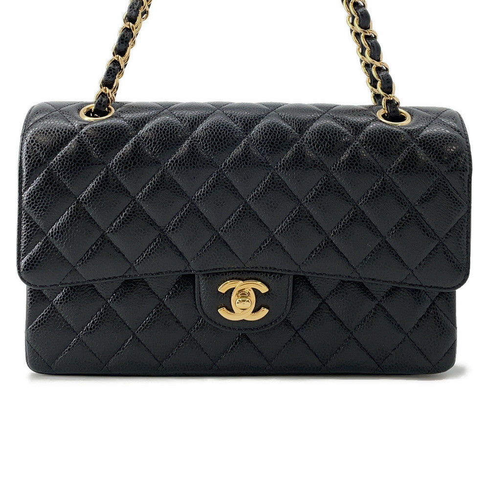 CHANEL Matelasse W Flap ChainShoulder Bag BlackA01112 Caviar Leather Size 25