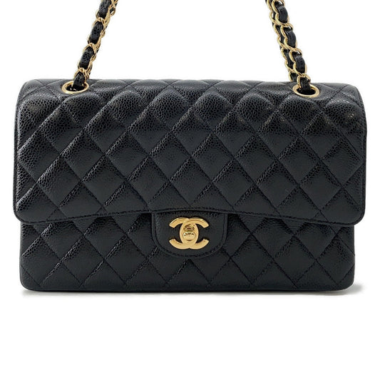 CHANEL Matelasse W Flap ChainShoulder Bag BlackA01112 Caviar Leather Size 25