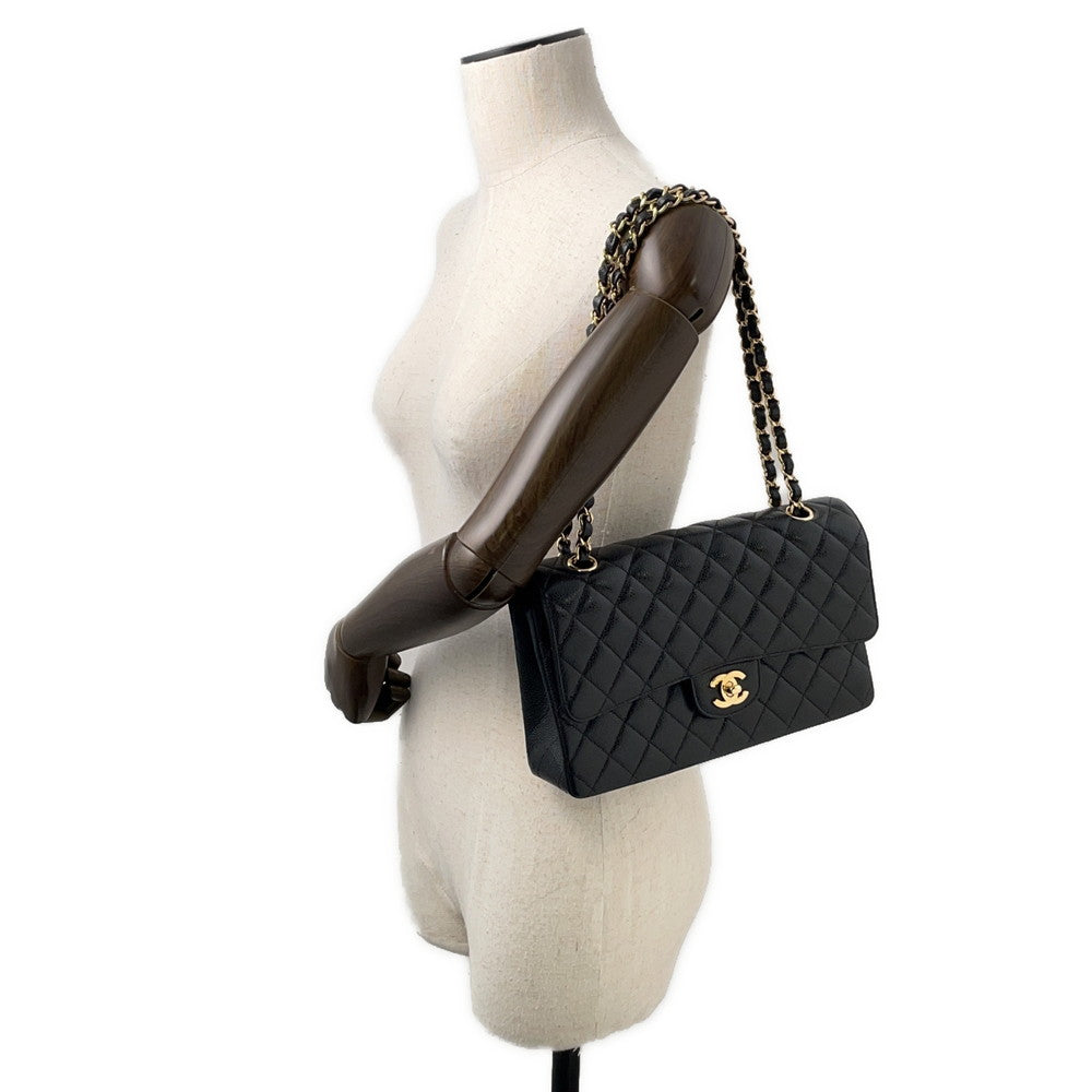 CHANEL Matelasse W Flap ChainShoulder Bag BlackA01112 Caviar Leather Size 25