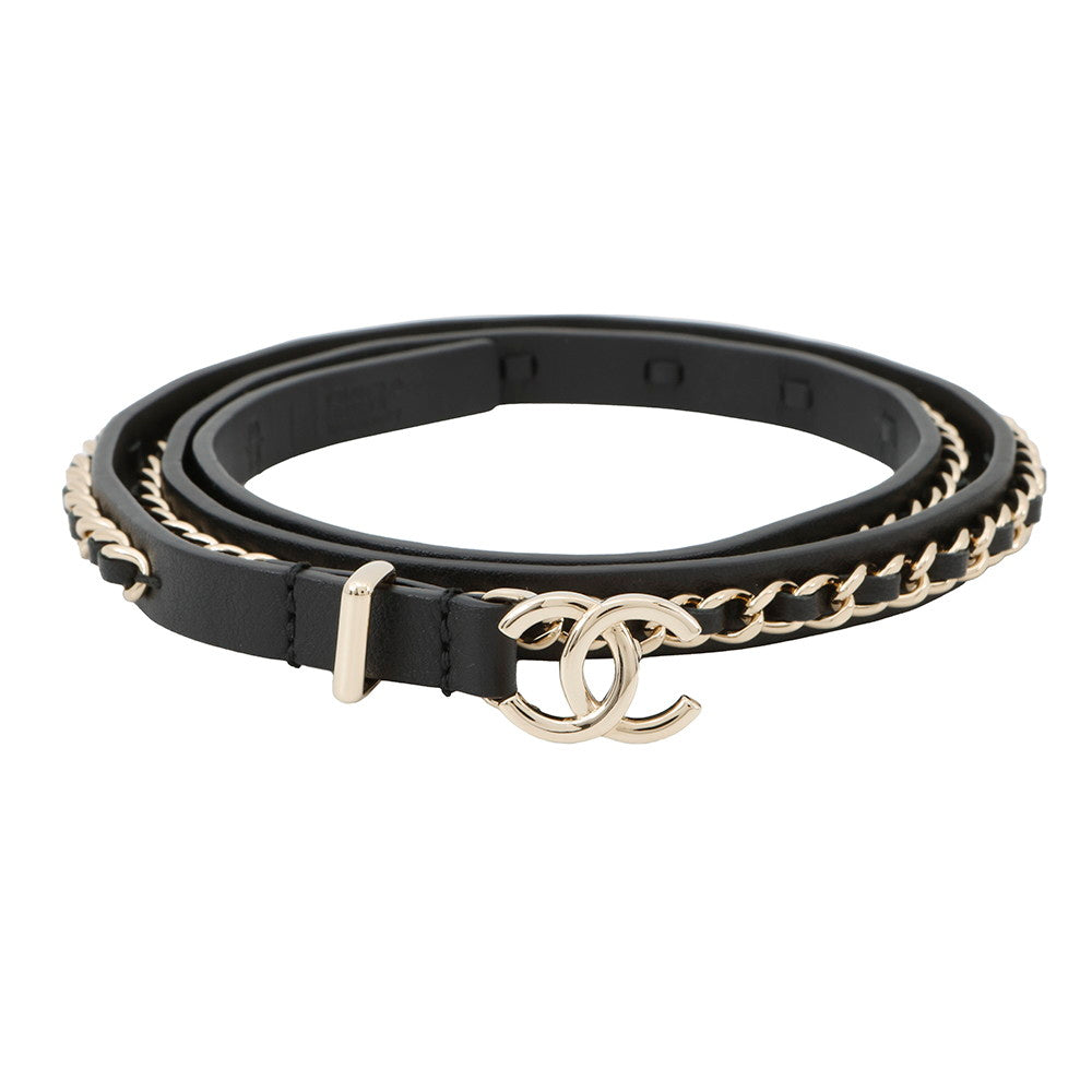 CHANEL ChainCC Logo Belt Size 70 Black Leather