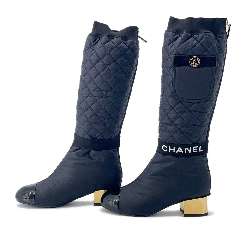 CHANEL CC Logo long boots BlackG38428 Patent Leather Nylon Size 39C