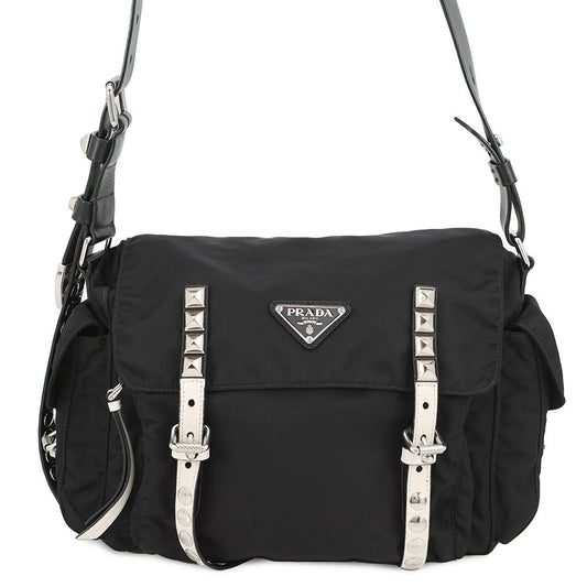 PRADA Studded Shoulder Bag Black/White1BD118 Nylon Leather