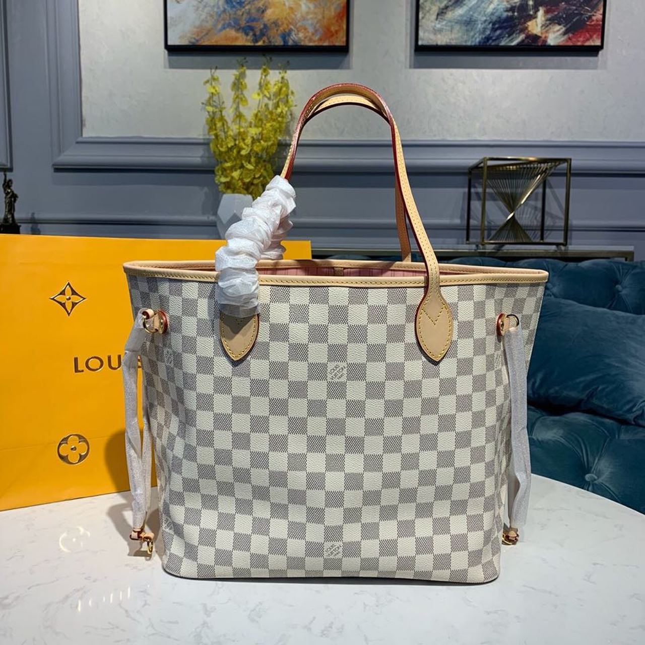 Top Quality Neverfull MM Tote Bag Damier Azur Canvas Rose Ballerine Pink For Women, WoBags, Shoulder Bags 12.2in/31cm Top Quality N41605