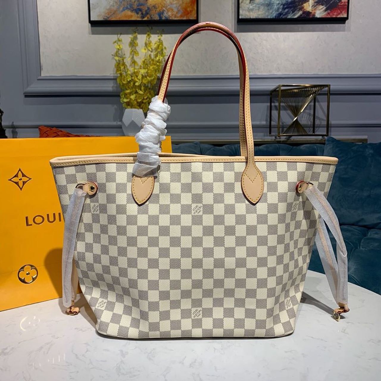Top Quality Neverfull MM Tote Bag Damier Azur Canvas For Women, Womens Handbags, Shoulder Bags 12.2in/31cm Top Quality N41361