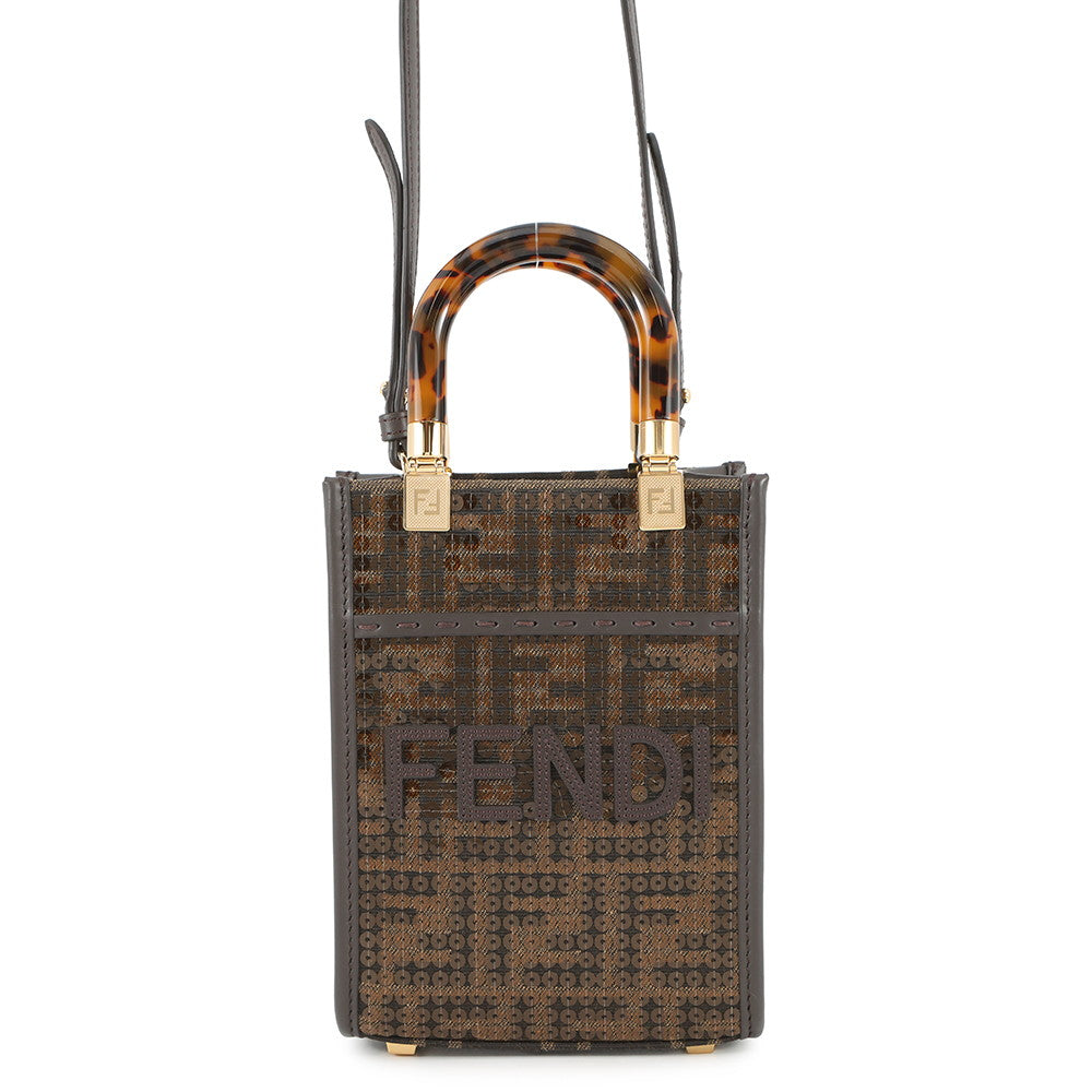 FENDI Zucca Sunshine Shopper 2-Way Handbag Brown8BS051 Canvas Leather Sequins