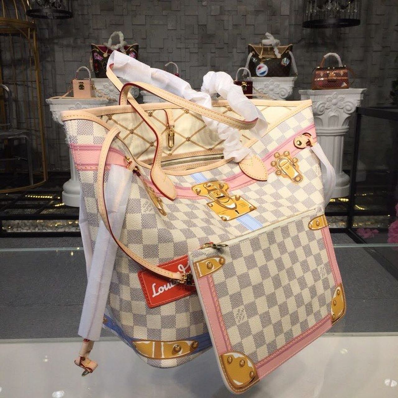 Top Quality Neverfull MM Tote Bag Trompe L’oeil Print Damier Azur Canvas For Women,  Shoulder Bags 12.6in/32cm Top Quality N41065