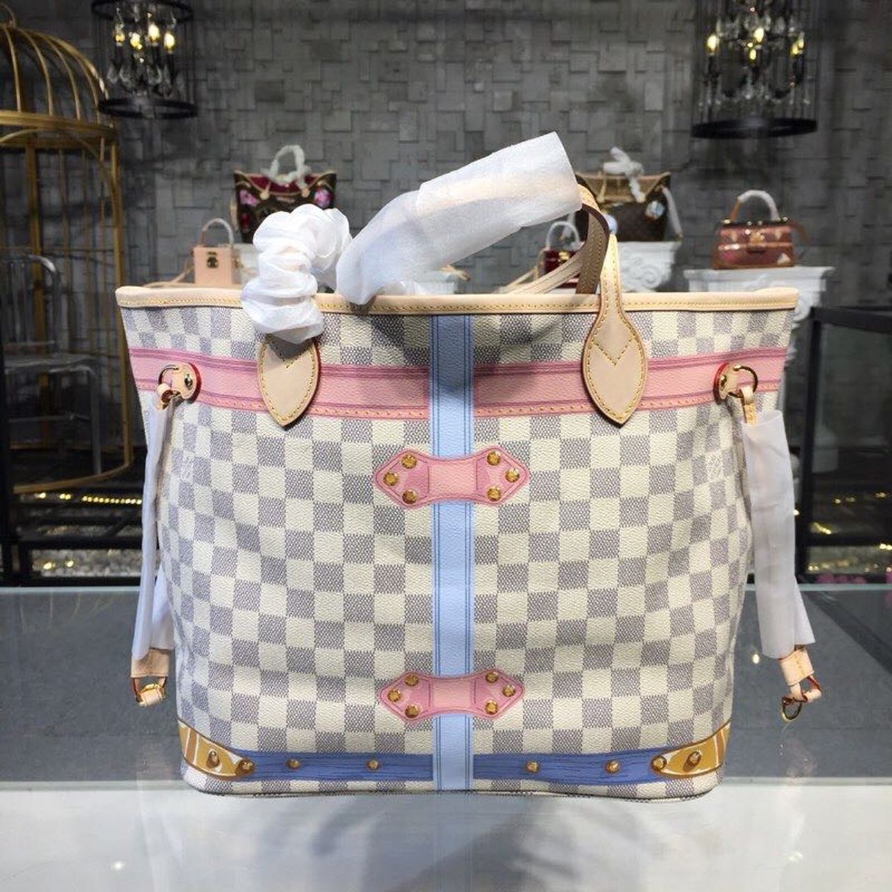 Top Quality Neverfull MM Tote Bag Trompe L’oeil Print Damier Azur Canvas For Women,  Shoulder Bags 12.6in/32cm Top Quality N41065