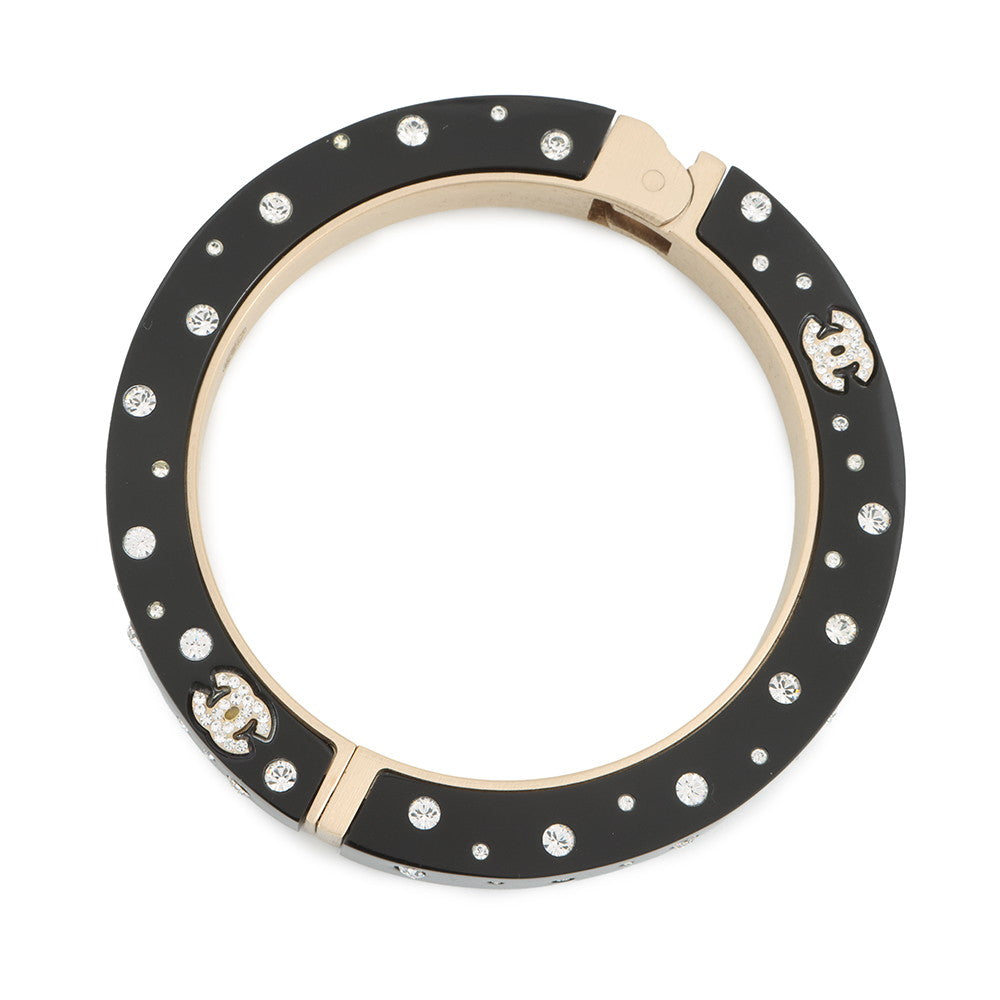 CHANEL Rhinestone Bangle Black Metal